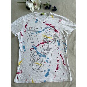 Versace Jeans White V-Neck T-Shirt Colorful Paint Splatter Bead Design Artwear M